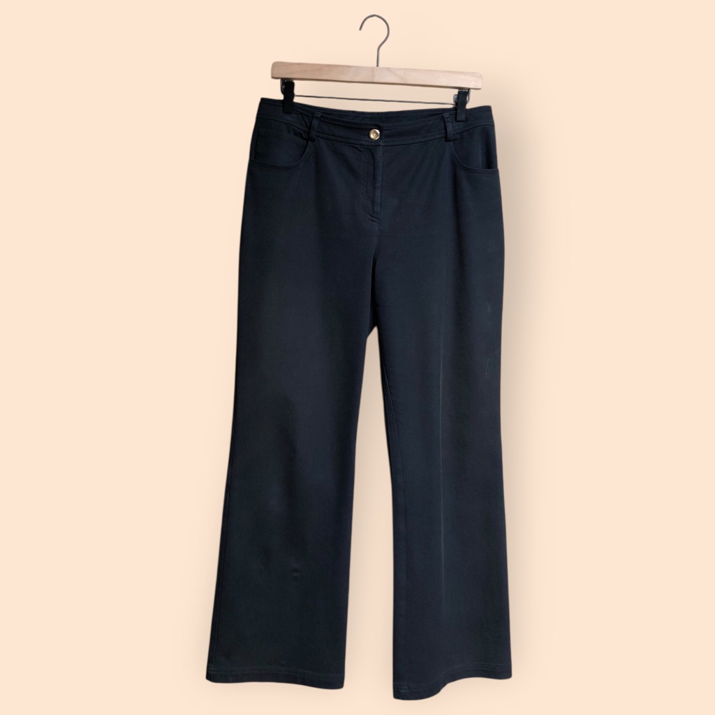 St. John Caviar Designer Wide Leg Pants Dark Navy Blue Chain Stitching Womenâs 8